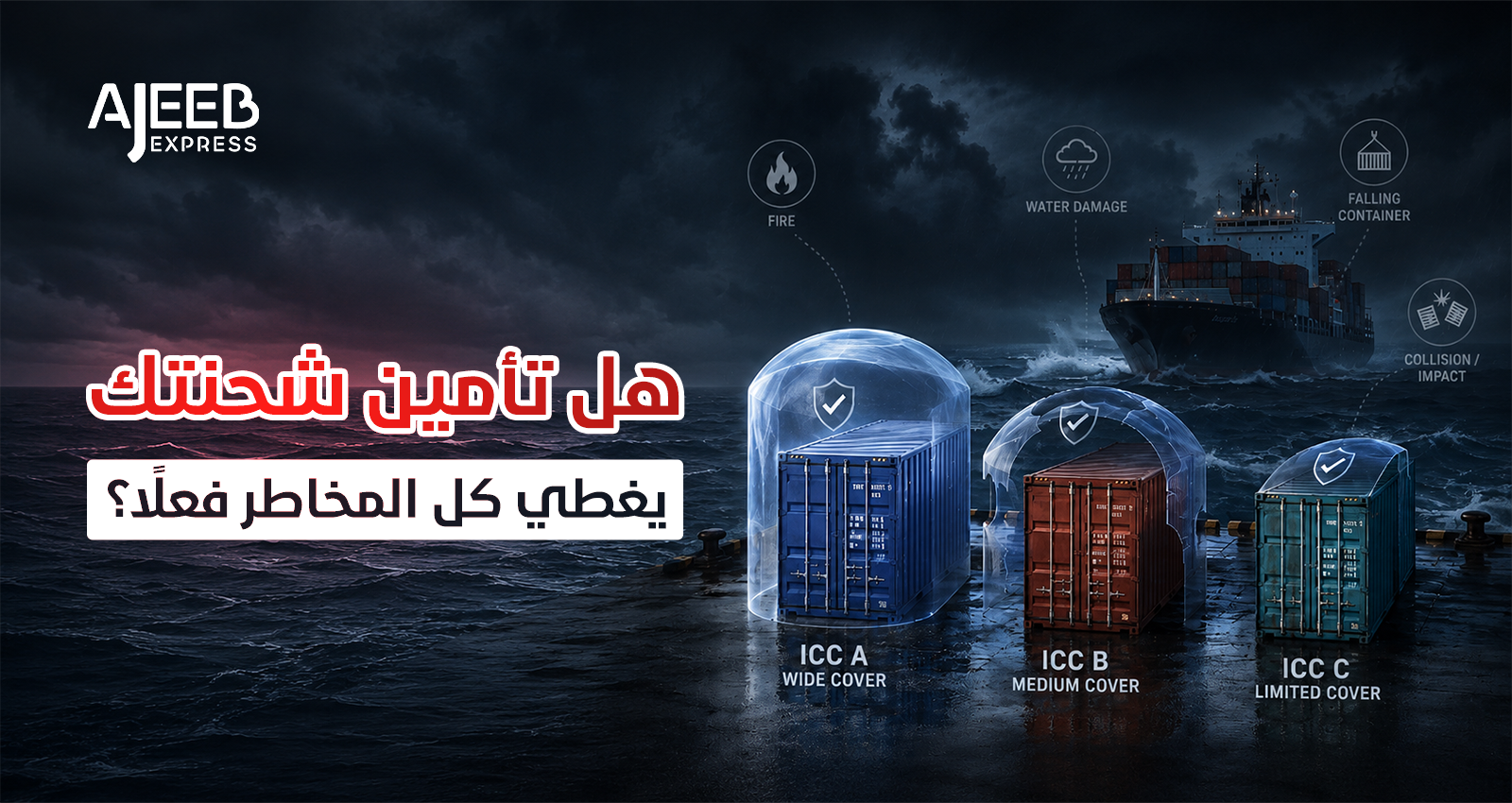 Blog هل تأمين الشحن يغطي جميع المخاطر؟ مقارنة بين تأمين ICC A وICC B وICC C لحماية الشحنات الدولية | Ajeeb Express