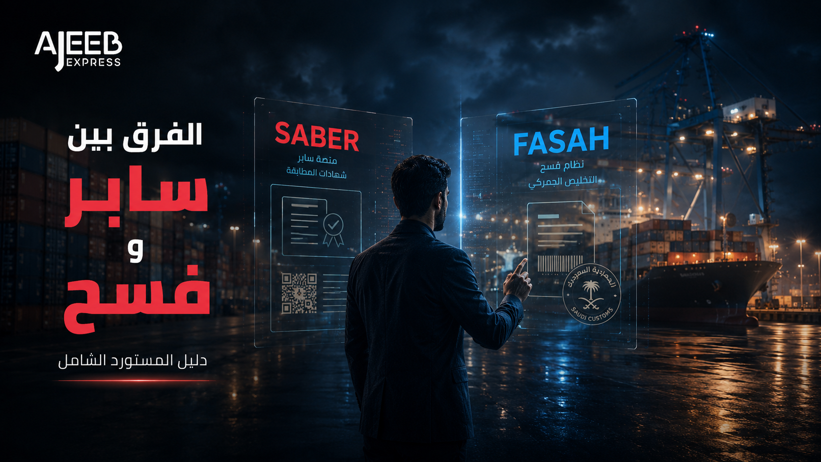 Blog الفرق بين منصة سابر (SABER) ونظام فسح (FASAH) في السعودية مع مشهد سينمائي لميناء حاويات وشحن بحري يوضح إجراءات المطابقة والتخليص الجمركي للمستوردين