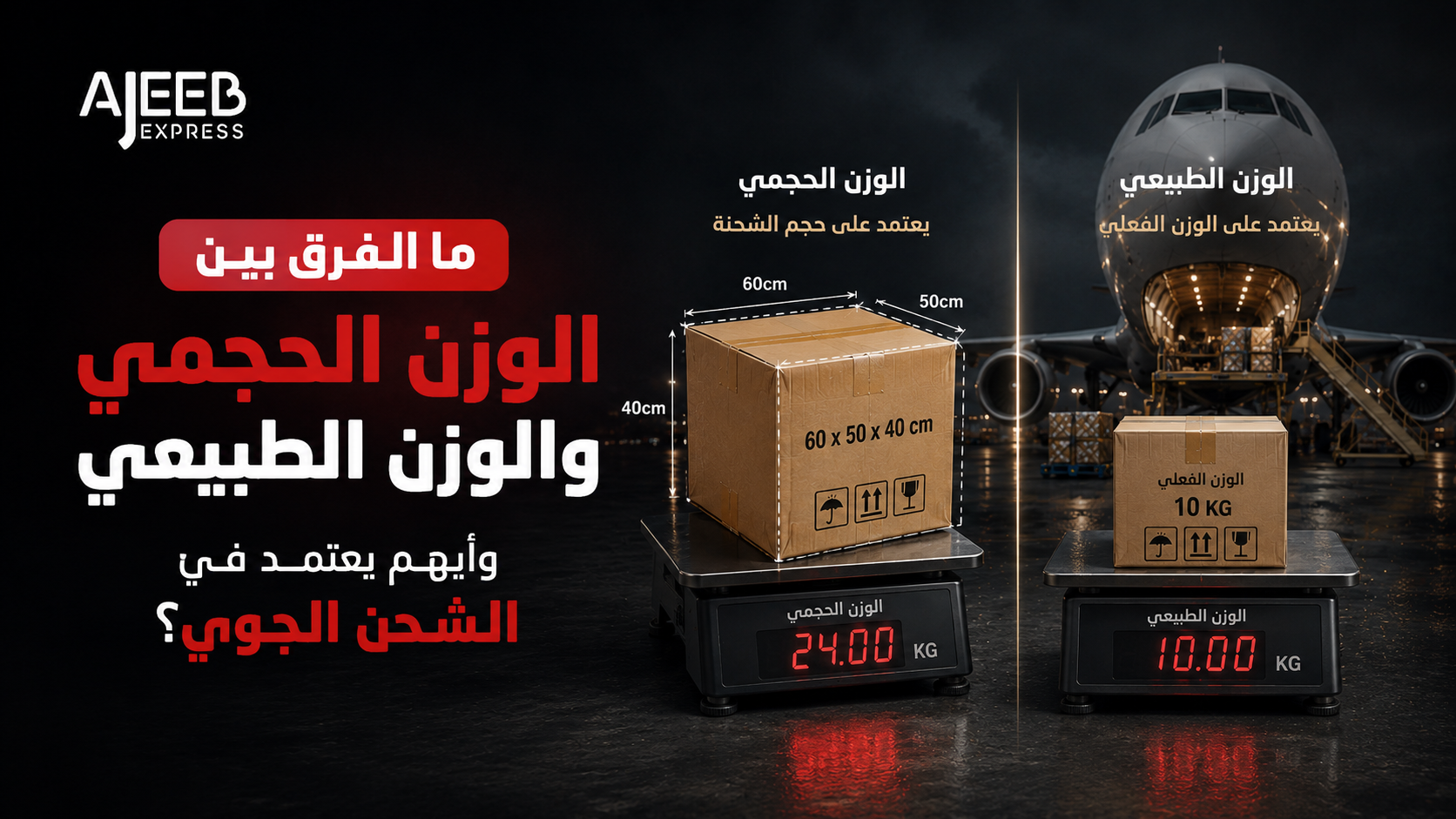 Blog رسم توضيحي يقارن بين الوزن الحجمي والوزن الفعلي في الشحن الجوي، مع صندوقين بأحجام مختلفة داخل منطقة شحن بالمطار، يوضح أي الوزنين تعتمد عليه شركات الطيران عند احتساب تكلفة الشحن.